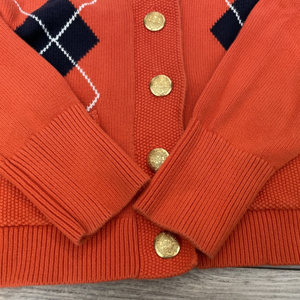 Tommy Hilfiger Argyle Cardigan Sweater Size Large Orange Shawl gold Buttons - Picture 5 of 7